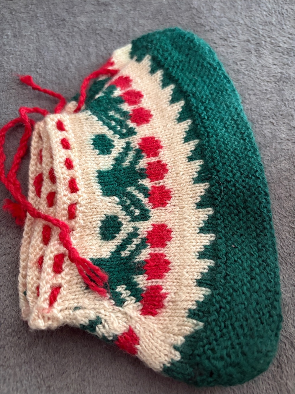 Hand-Knit Kids Slipper Sock in Green, Cream & Red handmade